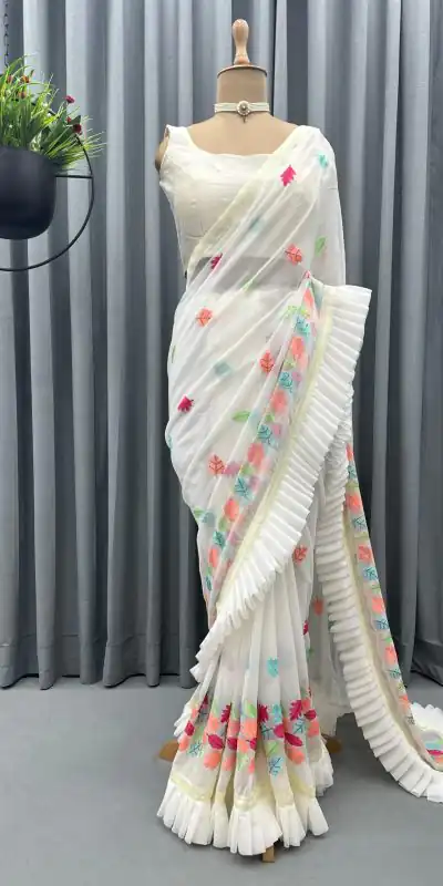 KD 390 White Color Faux Georgette Thread With Fancy Ruffle Saree Casual, Party, Wedding, Festive, Events Etc.  Expected Delivery  4-6 Working Days @1749/- | Designer Sarees, Sarees, Bollywood Sarees, Creative Sarees, Embroidered Sarees, Ethnic Saree, Modern Digital sarees, Party Wear Sarees