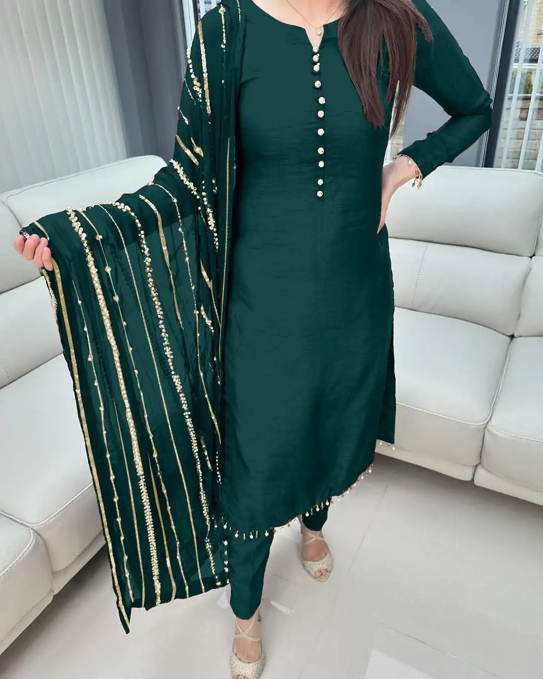 SRK 5161 Green Color Chinnon Silk Embroidery Coding Dori Salwar Suit Wedding, Party, Festive, Events Expected Delivery 4-6 Working Days @ 1899/- | Casual Suits, Jump Suits, Salwar suit, Creative suits, Designer Suits, Palazzo Suits, Party Wear Suits, Patiala Suits, Straight Suits