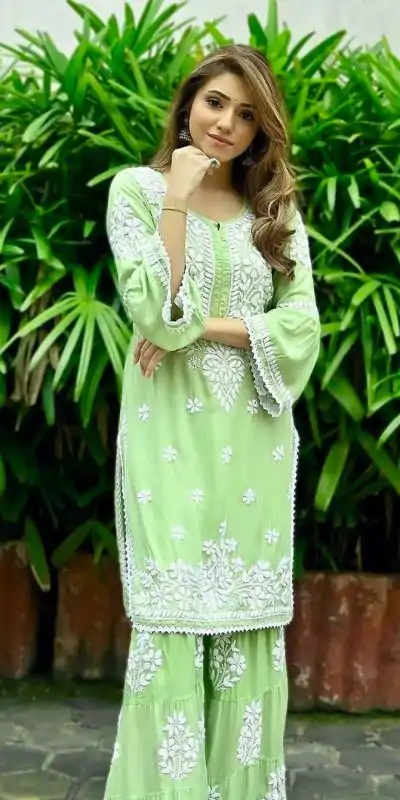 AD 160 Green Color Rayon Chicken Keri Embroidery Sharara Suit Casual, Wedding, Party, Festive, Events Etc. Expected Delivery 4-6 Working Days @1849/- | Jump Suits, Salwar suit, Casual Suits, Creative suits, Designer Suits, Palazzo Suits, Party Wear Suits, Patiala Suits, Straight Suits