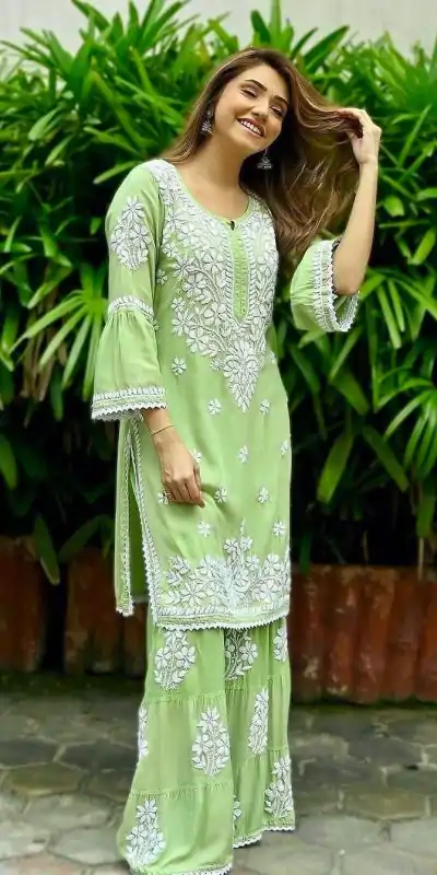 AD 160 Green Color Rayon Chicken Keri Embroidery Sharara Suit Casual, Wedding, Party, Festive, Events Etc. Expected Delivery 4-6 Working Days @1849/- | Jump Suits, Salwar suit, Casual Suits, Creative suits, Designer Suits, Palazzo Suits, Party Wear Suits, Patiala Suits, Straight Suits