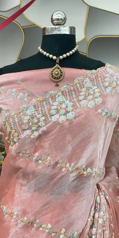  SC 289 Peach Color Jimi Choo Silk Beautiful Embroidery Saree , Party Wear, Events, Festivals Expected Delivery 4-6 Working Days 1999/- | Designer Sarees, Sarees, Bollywood Sarees, Creative Sarees, Embroidered Sarees, Ethnic Saree, Modern Digital sarees, Party Wear Sarees