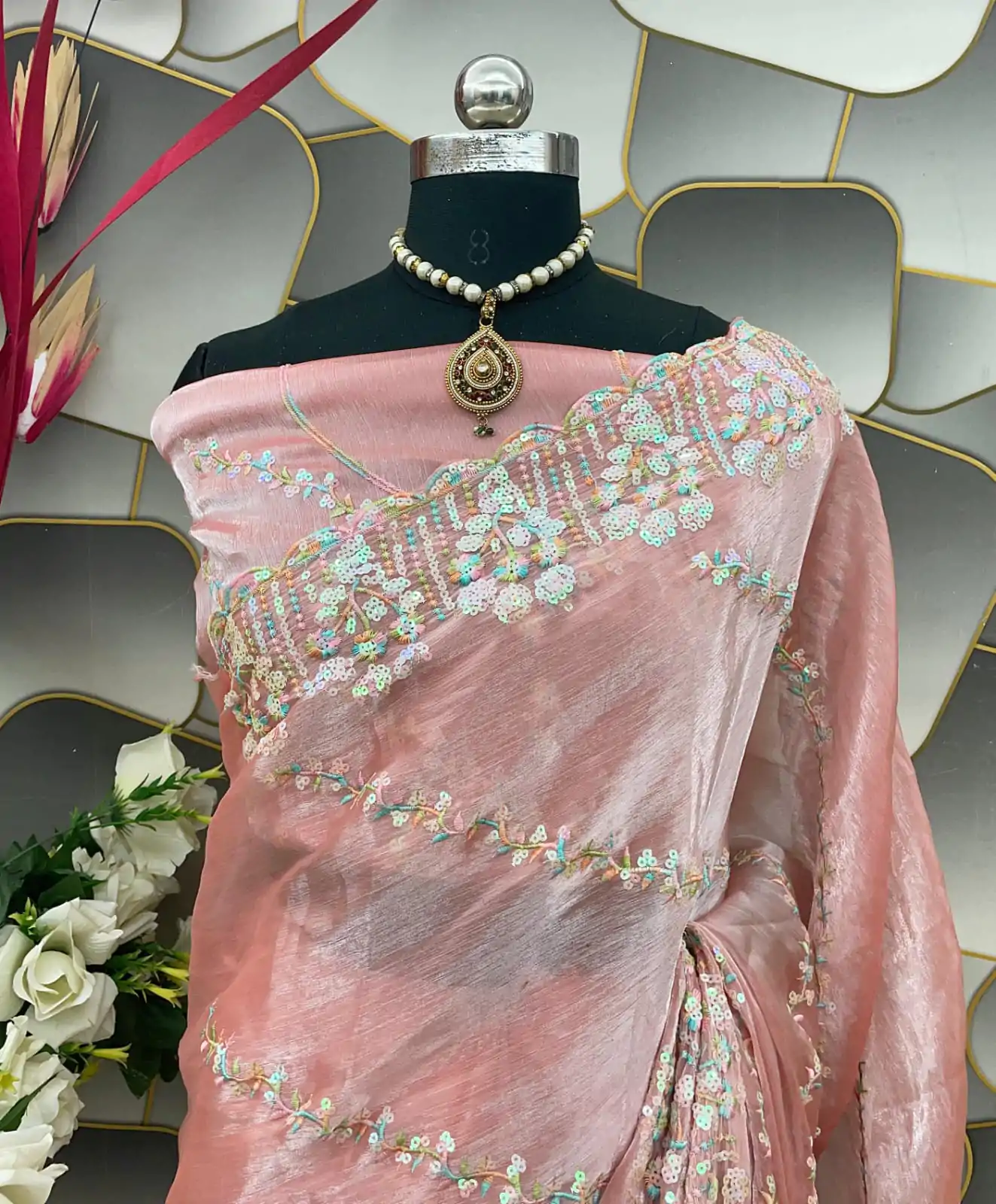  SC 289 Peach Color Jimi Choo Silk Beautiful Embroidery Saree , Party Wear, Events, Festivals Expected Delivery 4-6 Working Days 1999/- | Designer Sarees, Sarees, Bollywood Sarees, Creative Sarees, Embroidered Sarees, Ethnic Saree, Modern Digital sarees, Party Wear Sarees
