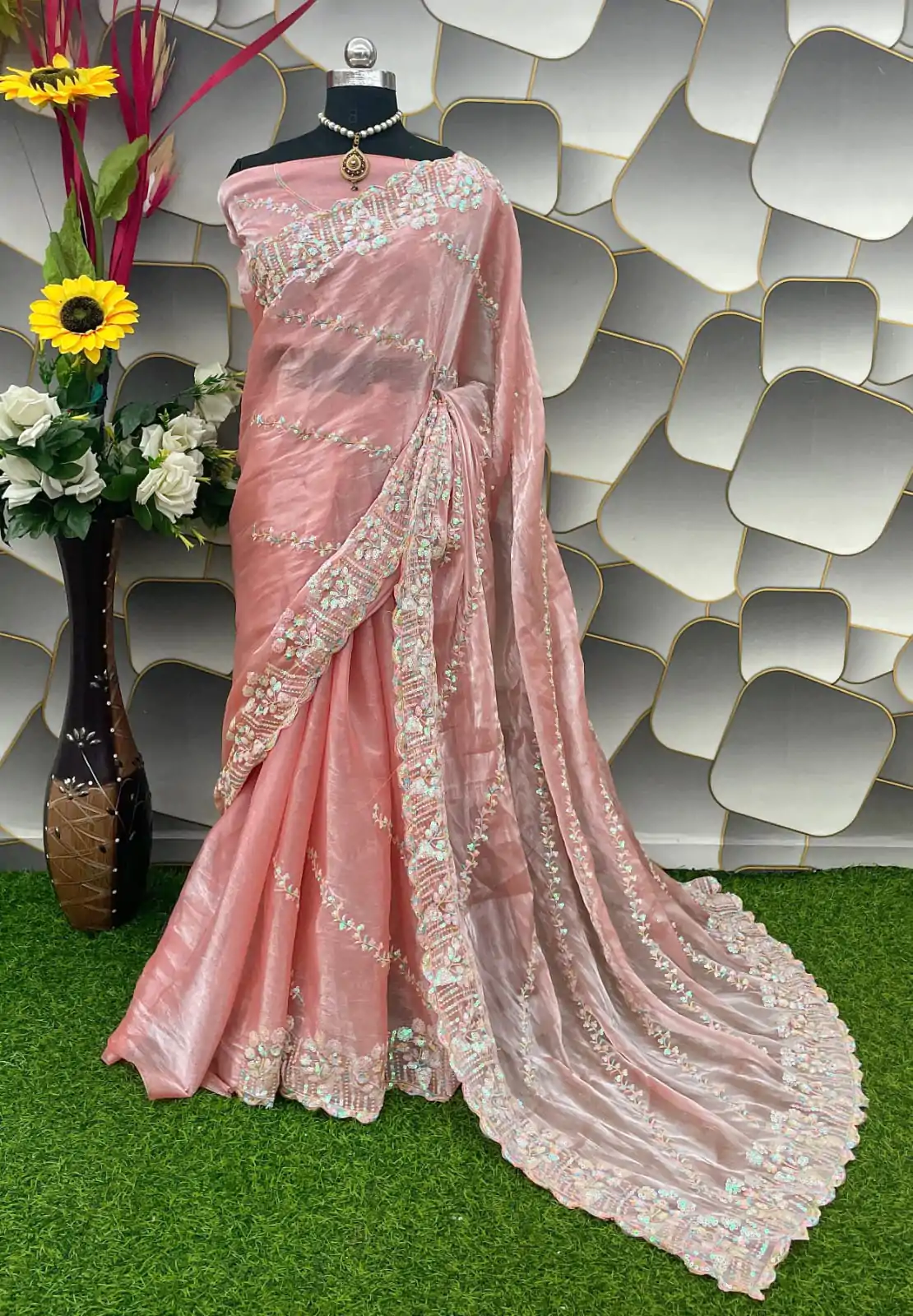  SC 289 Peach Color Jimi Choo Silk Beautiful Embroidery Saree , Party Wear, Events, Festivals Expected Delivery 4-6 Working Days 1999/- | Designer Sarees, Sarees, Bollywood Sarees, Creative Sarees, Embroidered Sarees, Ethnic Saree, Modern Digital sarees, Party Wear Sarees