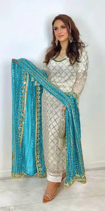 SRK 5133 White & Blue Color Faux Georgette Embroidery Salwar Suit Wedding, Party, Festive, Events Expected Delivery 4-6 Working Days @ 2449/- | Casual Suits, Salwar suit, Creative suits, Designer Suits, Palazzo Suits, Party Wear Suits, Patiala Suits, Straight Suits