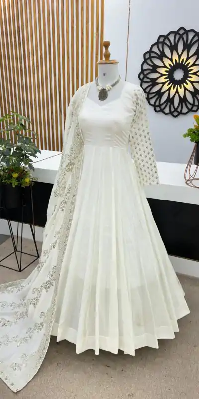 ZF 378 White Color Chinon Silk Embroidery Sequence Work Gown Casual, Wedding, Party, Festive, Events Etc. Expected Delivery 4-6 Working Days @2099/- | Gowns, Bollywood Gowns, Creative Gowns, Designer Gowns, Embroidered Gowns, Party Wear Gowns