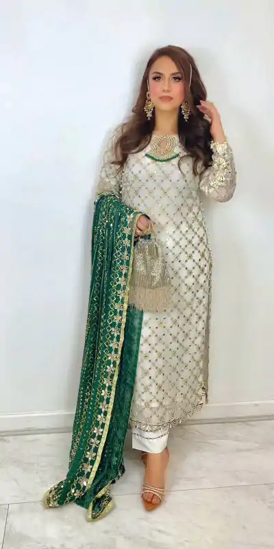 SRK 5133 White & Green Color Faux Georgette Embroidery Salwar Suit Wedding, Party, Festive, Events Expected Delivery 4-6 Working Days @ 2449/- | Casual Suits, Salwar suit, Creative suits, Designer Suits, Palazzo Suits, Party Wear Suits, Patiala Suits, Straight Suits