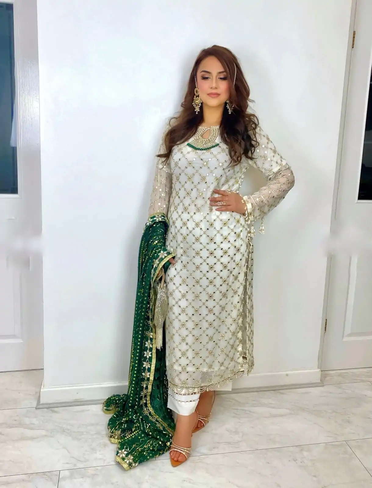 SRK 5133 White & Green Color Faux Georgette Embroidery Salwar Suit Wedding, Party, Festive, Events Expected Delivery 4-6 Working Days @ 2449/- | Casual Suits, Salwar suit, Creative suits, Designer Suits, Palazzo Suits, Party Wear Suits, Patiala Suits, Straight Suits