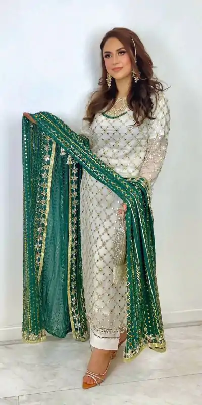SRK 5133 White & Green Color Faux Georgette Embroidery Salwar Suit Wedding, Party, Festive, Events Expected Delivery 4-6 Working Days @ 2449/- | Casual Suits, Salwar suit, Creative suits, Designer Suits, Palazzo Suits, Party Wear Suits, Patiala Suits, Straight Suits