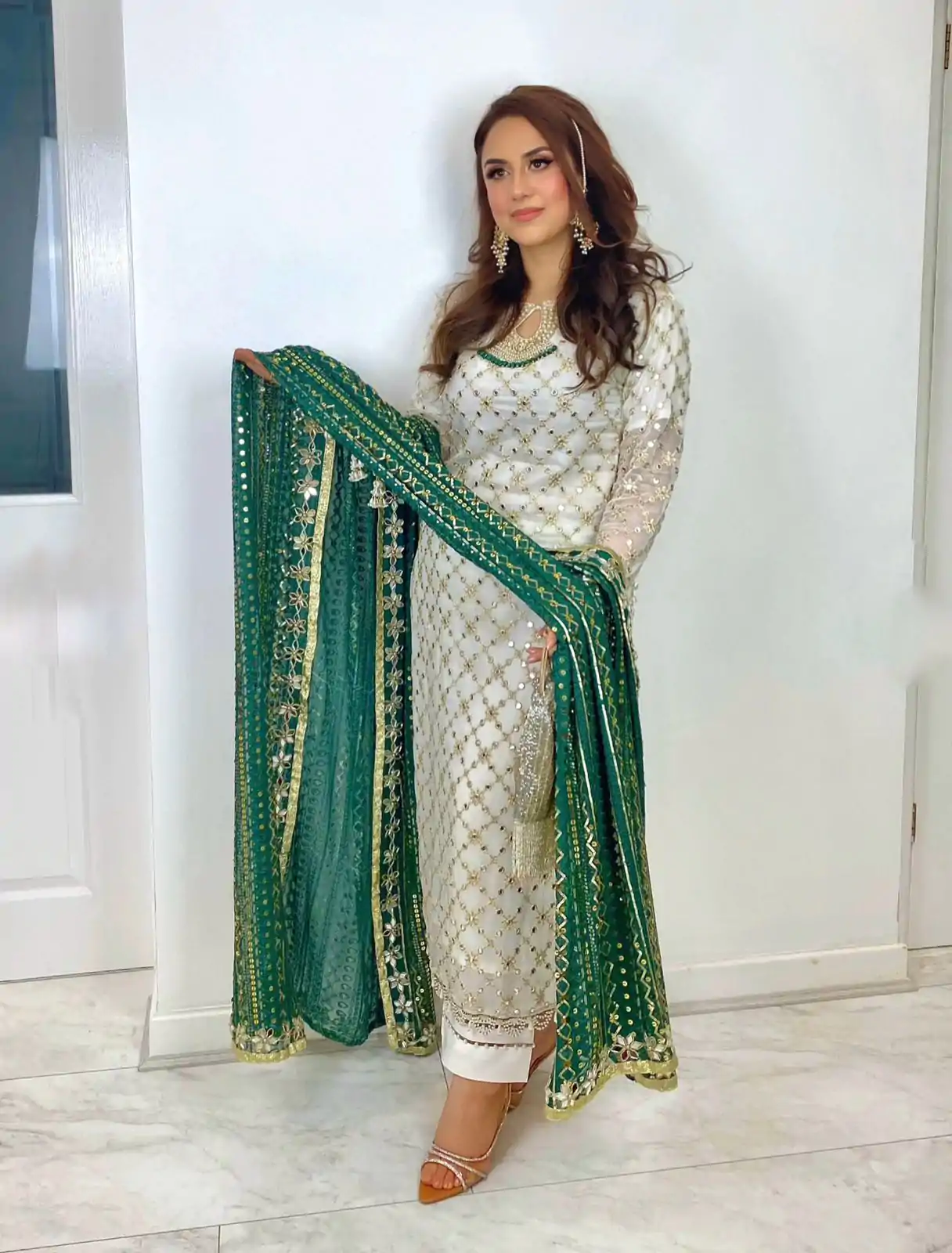 SRK 5133 White & Green Color Faux Georgette Embroidery Salwar Suit Wedding, Party, Festive, Events Expected Delivery 4-6 Working Days @ 2449/- | Casual Suits, Salwar suit, Creative suits, Designer Suits, Palazzo Suits, Party Wear Suits, Patiala Suits, Straight Suits