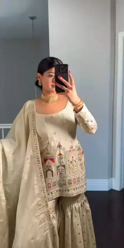 NSR 811 Cream Color Pure Chinnon Silk Embroidery Coding Salwar Suit Casual, Party Festive, Events Etc. Expected Delivery 4-6 Working Days @2149/- | Jump Suits, Salwar suit, Casual Suits, Creative suits, Designer Suits, Palazzo Suits, Party Wear Suits, Patiala Suits, Straight Suits