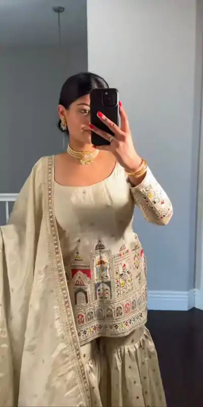 NSR 811 Cream Color Pure Chinnon Silk Embroidery Coding Salwar Suit Casual, Party Festive, Events Etc. Expected Delivery 4-6 Working Days @2149/- | Jump Suits, Salwar suit, Casual Suits, Creative suits, Designer Suits, Palazzo Suits, Party Wear Suits, Patiala Suits, Straight Suits