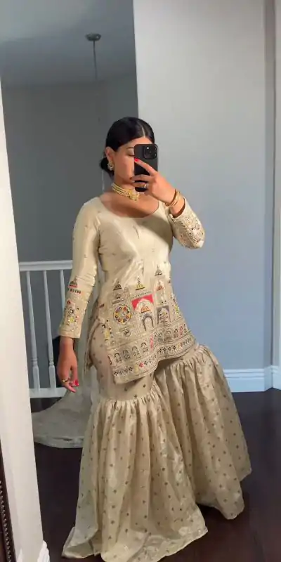 NSR 811 Cream Color Pure Chinnon Silk Embroidery Coding Salwar Suit Casual, Party Festive, Events Etc. Expected Delivery 4-6 Working Days @2149/- | Jump Suits, Salwar suit, Casual Suits, Creative suits, Designer Suits, Palazzo Suits, Party Wear Suits, Patiala Suits, Straight Suits