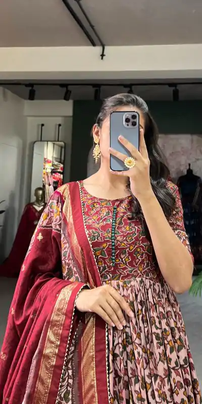 YNF 5036 Maroon Color Tussar Silk Floral Print With Foil Print Gown Casual, Wedding, Festive, Events, Designer Party Wear, Delivery 4-6 Working Days @2049 | Gowns, Bollywood Gowns, Creative Gowns, Designer Gowns, Embroidered Gowns, Party Wear Gowns