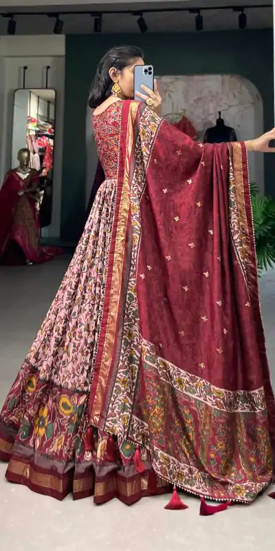 YNF 5036 Maroon Color Tussar Silk Floral Print With Foil Print Gown Casual, Wedding, Festive, Events, Designer Party Wear, Delivery 4-6 Working Days @2049 | Gowns, Bollywood Gowns, Creative Gowns, Designer Gowns, Embroidered Gowns, Party Wear Gowns