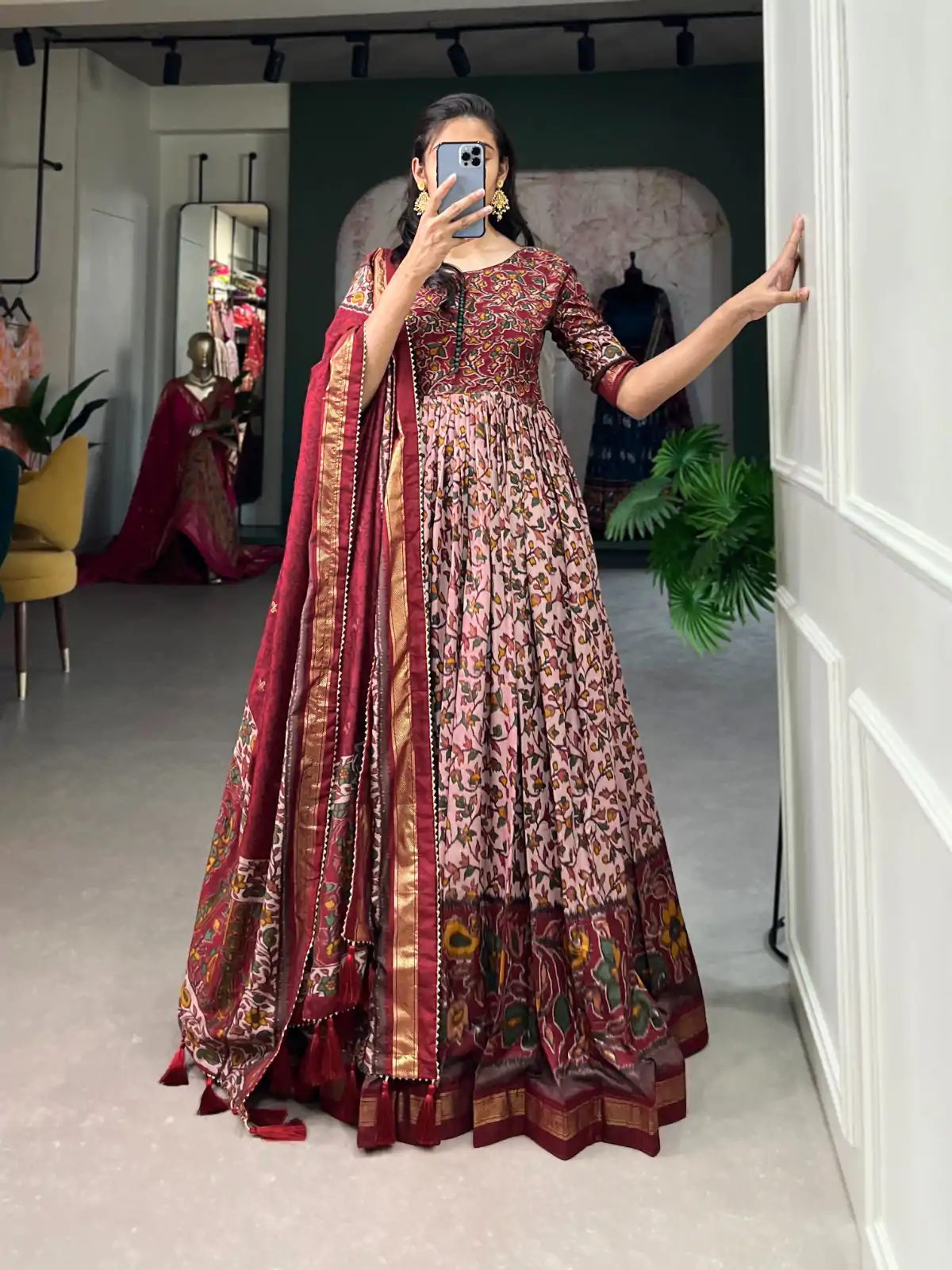 YNF 5036 Maroon Color Tussar Silk Floral Print With Foil Print Gown Casual, Wedding, Festive, Events, Designer Party Wear, Delivery 4-6 Working Days @2049 | Gowns, Bollywood Gowns, Creative Gowns, Designer Gowns, Embroidered Gowns, Party Wear Gowns