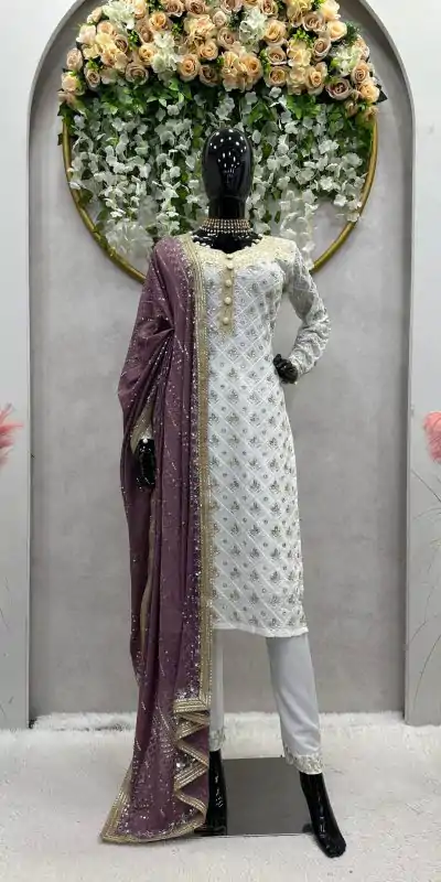 RTC 5699 White & Purple Color Foix Georgette Thread Sequence Work Salwar Suit Wedding, Party, Festive, Events Etc. Expected Delivery 4-6 Working Days @2499/ | Jump Suits, Salwar suit, Casual Suits, Creative suits, Designer Suits, Palazzo Suits, Party Wear Suits, Patiala Suits, Straight Suits