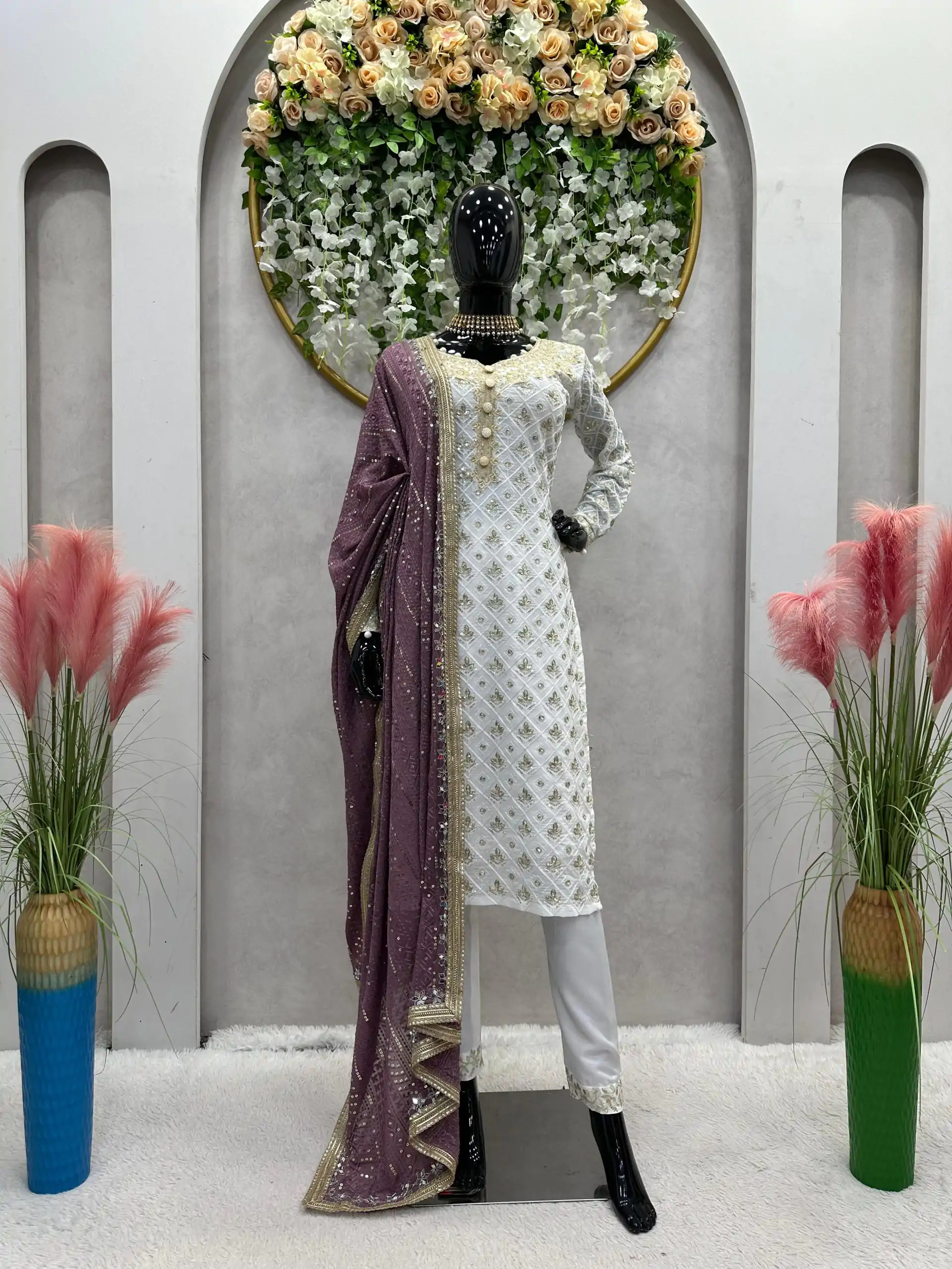 RTC 5699 White & Purple Color Foix Georgette Thread Sequence Work Salwar Suit Wedding, Party, Festive, Events Etc. Expected Delivery 4-6 Working Days @2499/ | Jump Suits, Salwar suit, Casual Suits, Creative suits, Designer Suits, Palazzo Suits, Party Wear Suits, Patiala Suits, Straight Suits