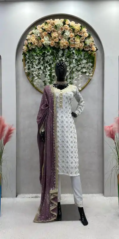 RTC 5699 White & Purple Color Foix Georgette Thread Sequence Work Salwar Suit Wedding, Party, Festive, Events Etc. Expected Delivery 4-6 Working Days @2499/ | Jump Suits, Salwar suit, Casual Suits, Creative suits, Designer Suits, Palazzo Suits, Party Wear Suits, Patiala Suits, Straight Suits