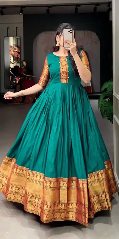 YNF 5313 Teal Blue Color Narayan Pet Zari Weaving Work Gown Casual, Wedding, Festive, Events, Designer Party Wear, Delivery 4-6 Working Days @1899 | Gowns, Bollywood Gowns, Creative Gowns, Designer Gowns, Embroidered Gowns, Party Wear Gowns
