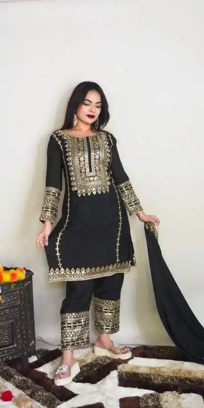 SRK 5151 Black Color Pure Chinnon Silk Embroidery Sequence Salwar Suit Wedding, Party, Festive, Events Expected Delivery 4-6 Working Days @ 1949/- | Jump Suits, Salwar suit, Casual Suits, Creative suits, Designer Suits, Palazzo Suits, Party Wear Suits, Patiala Suits, Straight Suits