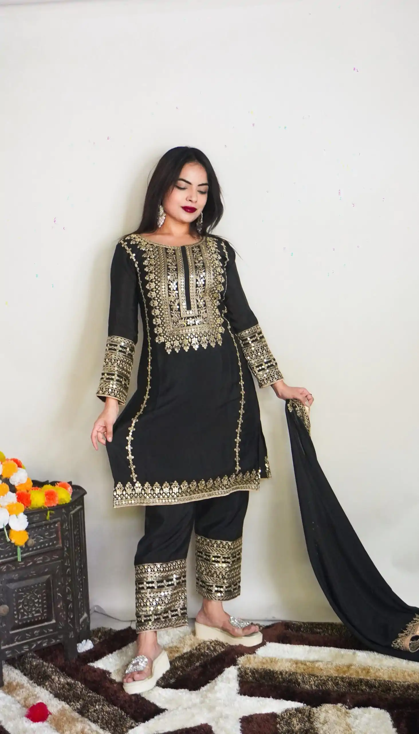 SRK 5151 Black Color Pure Chinnon Silk Embroidery Sequence Salwar Suit Wedding, Party, Festive, Events Expected Delivery 4-6 Working Days @ 1949/- | Jump Suits, Salwar suit, Casual Suits, Creative suits, Designer Suits, Palazzo Suits, Party Wear Suits, Patiala Suits, Straight Suits