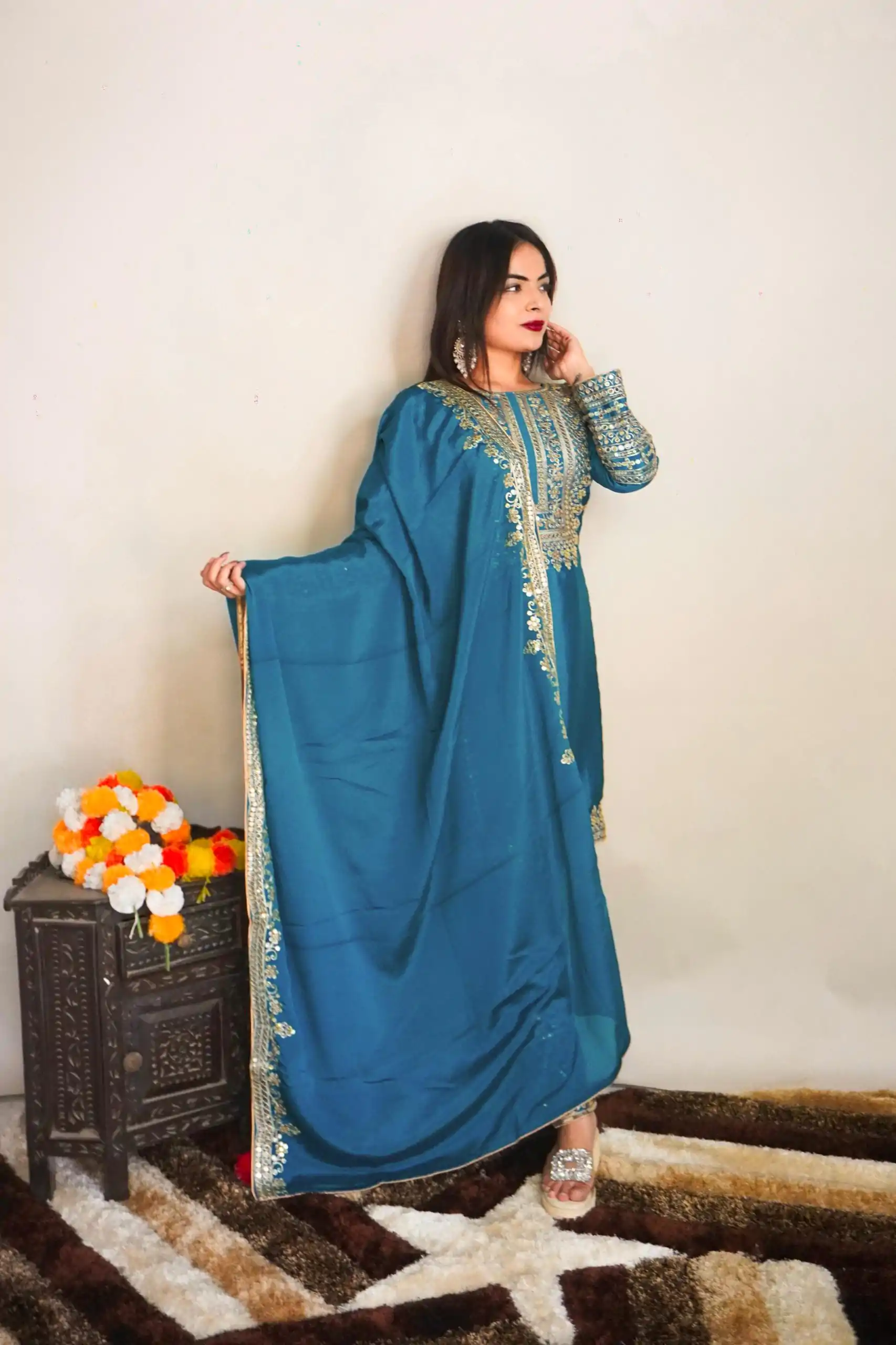 SRK 5151 Blue Color Pure Chinnon Silk Embroidery Sequence Salwar Suit Wedding, Party, Festive, Events Expected Delivery 4-6 Working Days @ 1949/- | Jump Suits, Salwar suit, Casual Suits, Creative suits, Designer Suits, Palazzo Suits, Party Wear Suits, Patiala Suits, Straight Suits
