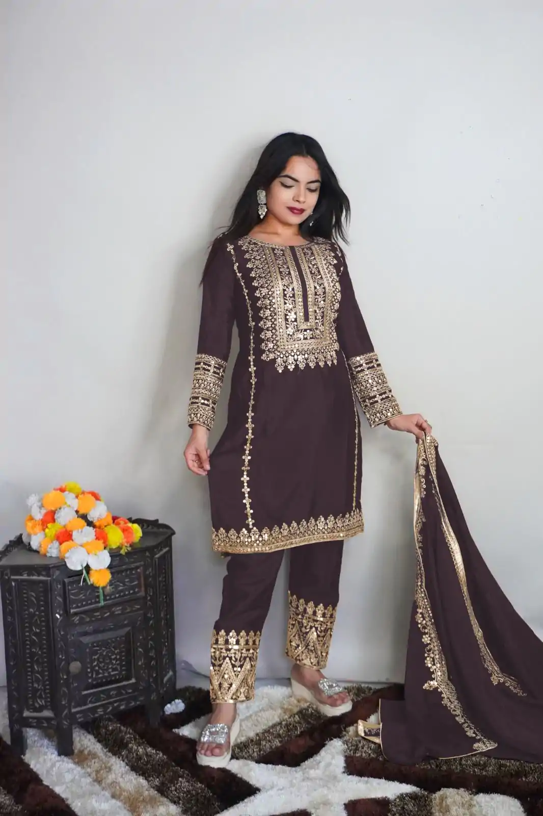 SRK 5151 Coffee Color Pure Chinnon Silk Embroidery Sequence Salwar Suit Wedding, Party, Festive, Events Expected Delivery 4-6 Working Days @ 1949/- | Jump Suits, Salwar suit, Casual Suits, Creative suits, Designer Suits, Palazzo Suits, Party Wear Suits, Patiala Suits, Straight Suits