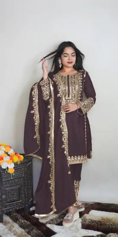 SRK 5151 Coffee Color Pure Chinnon Silk Embroidery Sequence Salwar Suit Wedding, Party, Festive, Events Expected Delivery 4-6 Working Days @ 1949/- | Jump Suits, Salwar suit, Casual Suits, Creative suits, Designer Suits, Palazzo Suits, Party Wear Suits, Patiala Suits, Straight Suits