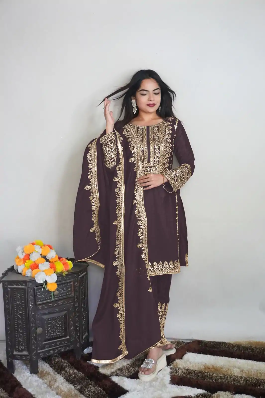 SRK 5151 Coffee Color Pure Chinnon Silk Embroidery Sequence Salwar Suit Wedding, Party, Festive, Events Expected Delivery 4-6 Working Days @ 1949/- | Jump Suits, Salwar suit, Casual Suits, Creative suits, Designer Suits, Palazzo Suits, Party Wear Suits, Patiala Suits, Straight Suits