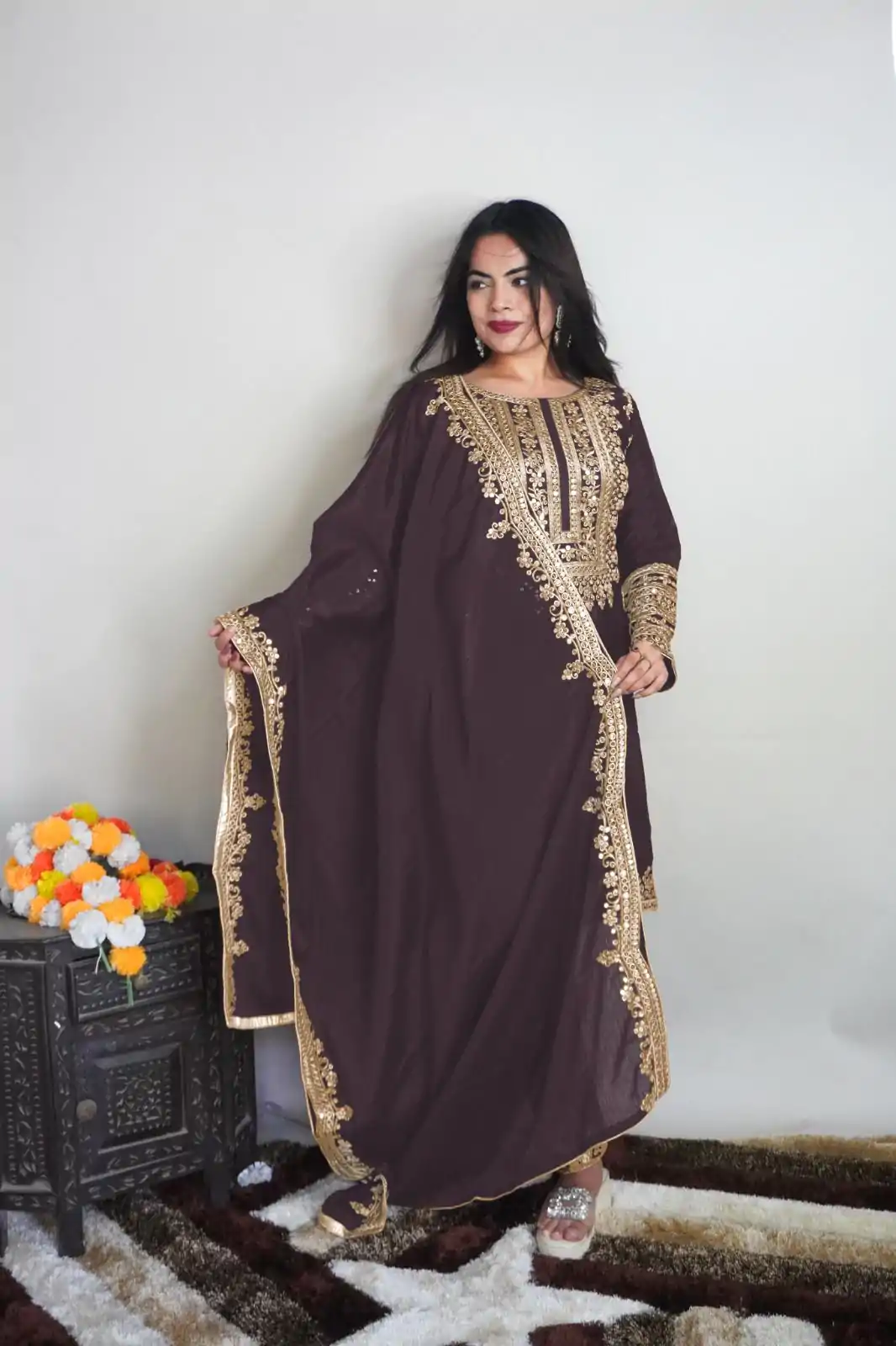 SRK 5151 Coffee Color Pure Chinnon Silk Embroidery Sequence Salwar Suit Wedding, Party, Festive, Events Expected Delivery 4-6 Working Days @ 1949/- | Jump Suits, Salwar suit, Casual Suits, Creative suits, Designer Suits, Palazzo Suits, Party Wear Suits, Patiala Suits, Straight Suits