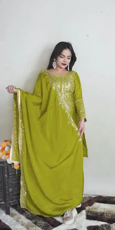 SRK 5151 Green Color Pure Chinnon Silk Embroidery Sequence Salwar Suit Wedding, Party, Festive, Events Expected Delivery 4-6 Working Days @ 1949/- | Jump Suits, Salwar suit, Casual Suits, Creative suits, Designer Suits, Palazzo Suits, Party Wear Suits, Patiala Suits, Straight Suits