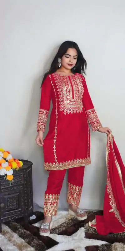 SRK 5151 Red Color Pure Chinnon Silk Embroidery Sequence Salwar Suit Wedding, Party, Festive, Events Expected Delivery 4-6 Working Days @ 1949/- | Jump Suits, Salwar suit, Casual Suits, Creative suits, Designer Suits, Palazzo Suits, Party Wear Suits, Patiala Suits, Straight Suits