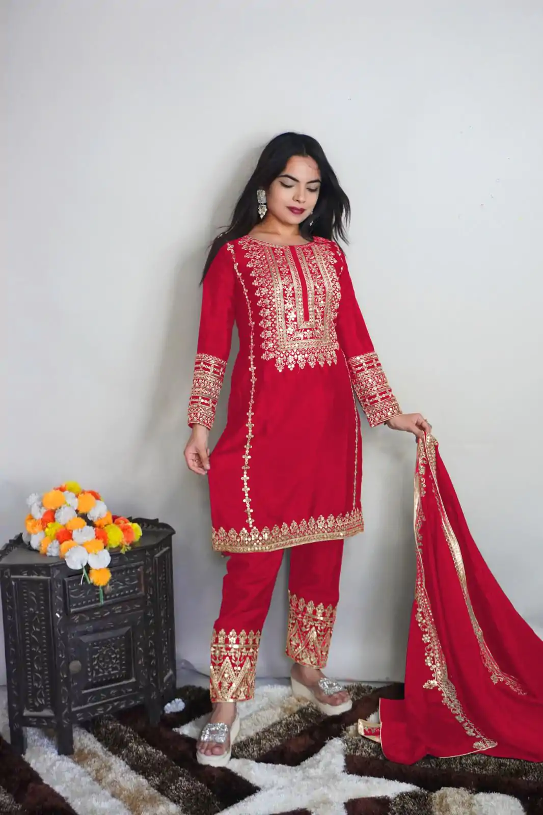 SRK 5151 Red Color Pure Chinnon Silk Embroidery Sequence Salwar Suit Wedding, Party, Festive, Events Expected Delivery 4-6 Working Days @ 1949/- | Jump Suits, Salwar suit, Casual Suits, Creative suits, Designer Suits, Palazzo Suits, Party Wear Suits, Patiala Suits, Straight Suits