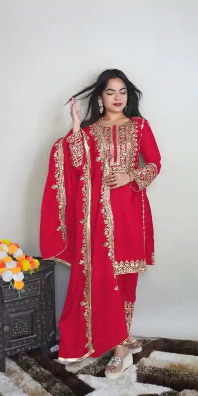 SRK 5151 Red Color Pure Chinnon Silk Embroidery Sequence Salwar Suit Wedding, Party, Festive, Events Expected Delivery 4-6 Working Days @ 1949/- | Jump Suits, Salwar suit, Casual Suits, Creative suits, Designer Suits, Palazzo Suits, Party Wear Suits, Patiala Suits, Straight Suits