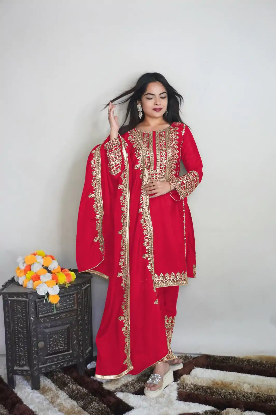 SRK 5151 Red Color Pure Chinnon Silk Embroidery Sequence Salwar Suit Wedding, Party, Festive, Events Expected Delivery 4-6 Working Days @ 1949/- | Jump Suits, Salwar suit, Casual Suits, Creative suits, Designer Suits, Palazzo Suits, Party Wear Suits, Patiala Suits, Straight Suits