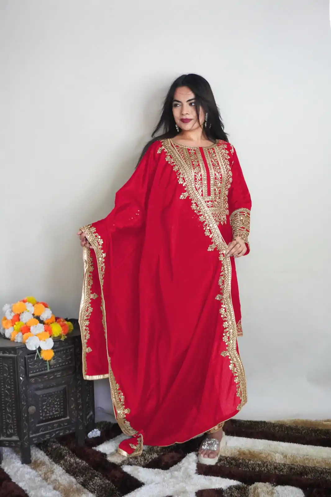 SRK 5151 Red Color Pure Chinnon Silk Embroidery Sequence Salwar Suit Wedding, Party, Festive, Events Expected Delivery 4-6 Working Days @ 1949/- | Jump Suits, Salwar suit, Casual Suits, Creative suits, Designer Suits, Palazzo Suits, Party Wear Suits, Patiala Suits, Straight Suits