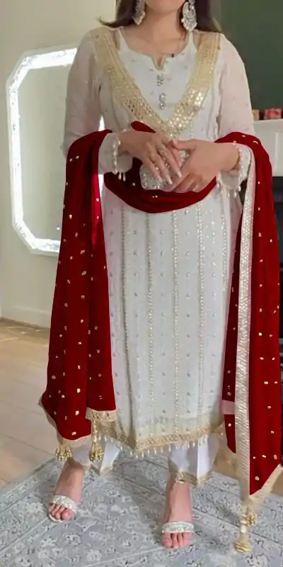 NF 1213 White & Red color Georgette Embroidery Sequence Salwar Suit Casual, Wedding, Party, Festive, Events . Expected Delivery  4-6 Working Days @2399 | Salwar suit, Casual Suits, Creative suits, Designer Suits, Palazzo Suits, Party Wear Suits, Patiala Suits, Straight Suits