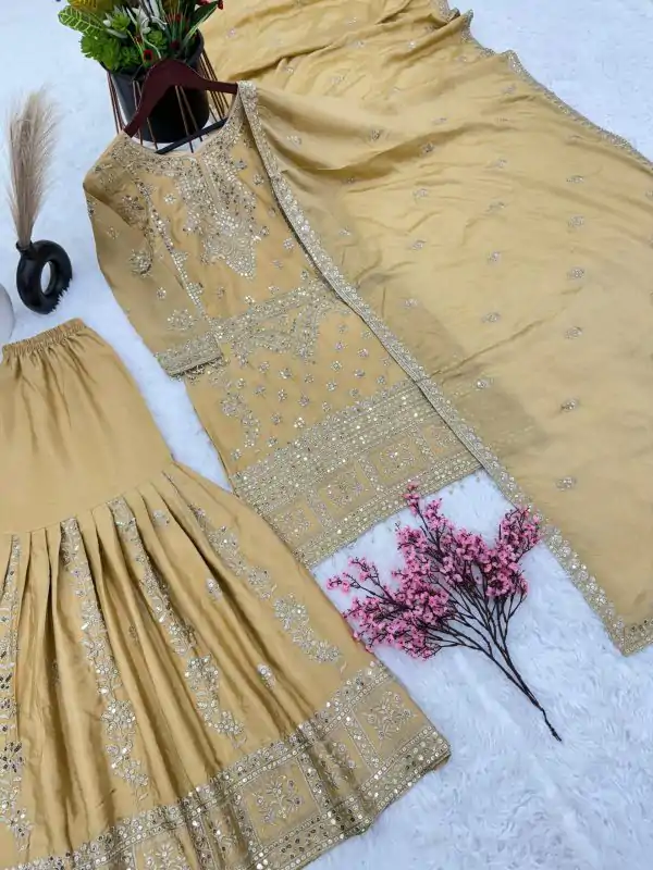 Glamorous Chiku Color Chinnon Embroidery Sequence Salwar Suit