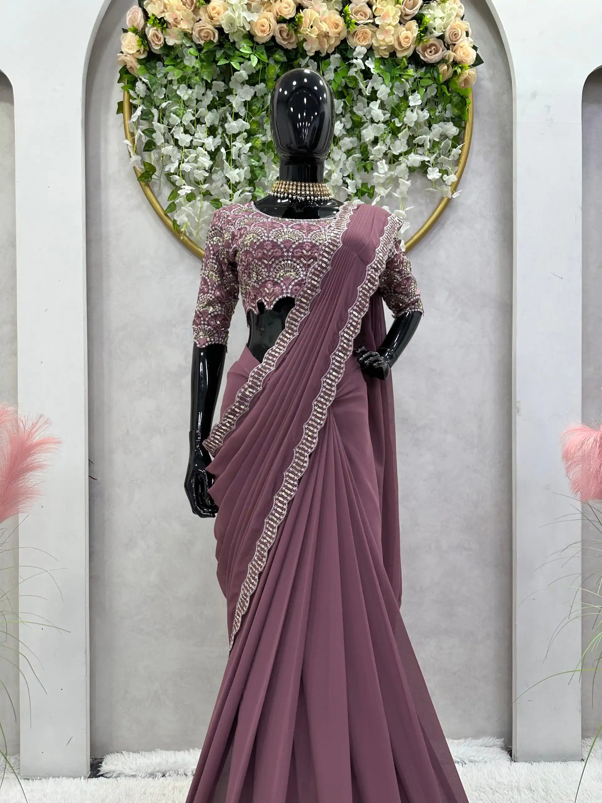 KD 477 Peach Color Faux Georgette Thread Sequence Work Saree Casual, Party Wear, Wedding, Events Etc. Expected Delivery 4-6 Working Days @1849/- | Designer Sarees, Sarees, Bollywood Sarees, Creative Sarees, Embroidered Sarees, Ethnic Saree, Modern Digital sarees, Party Wear Sarees