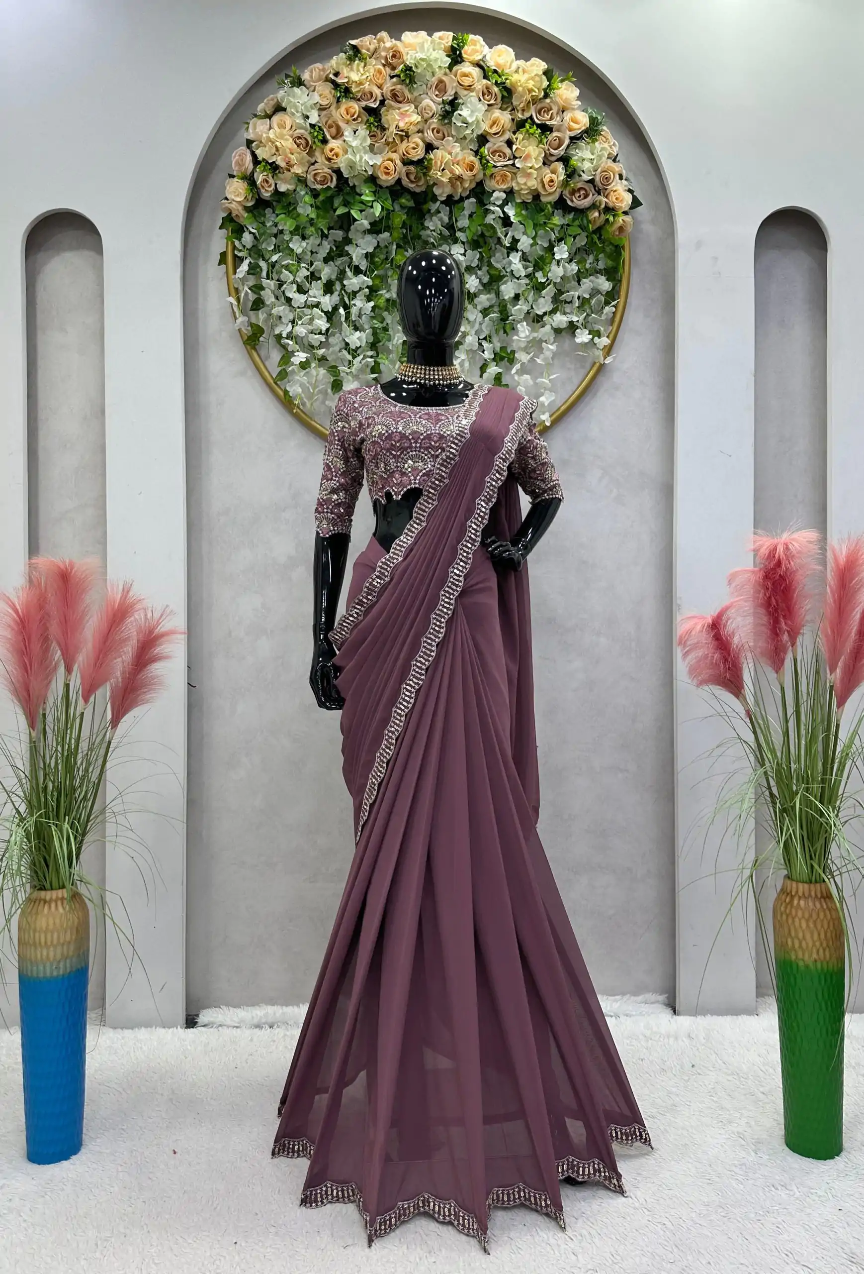 KD 477 Peach Color Faux Georgette Thread Sequence Work Saree Casual, Party Wear, Wedding, Events Etc. Expected Delivery 4-6 Working Days @1849/- | Designer Sarees, Sarees, Bollywood Sarees, Creative Sarees, Embroidered Sarees, Ethnic Saree, Modern Digital sarees, Party Wear Sarees