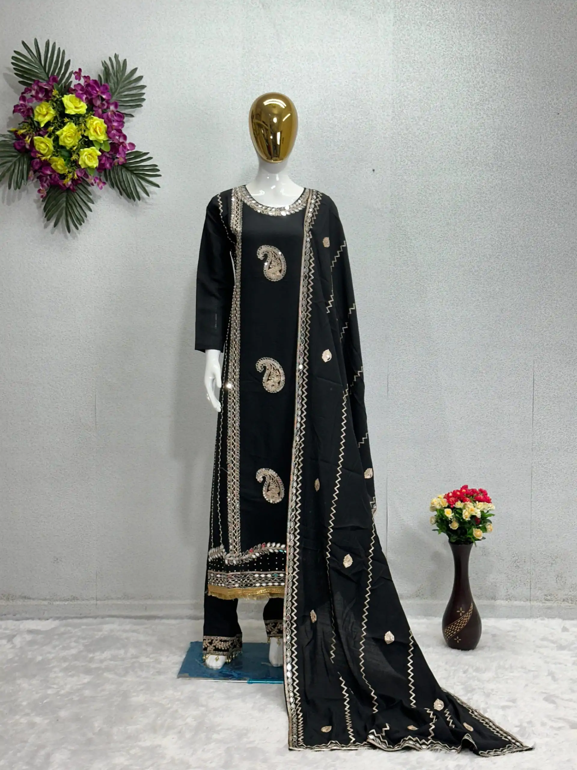 KF 1641 Black Color Roman Silk Embroidered Salwar Suit Wedding, Party, Festive, Events Etc.  Expected Delivery 4-6 Working Days @1999/-Only | Salwar suit, Casual Suits, Creative suits, Designer Suits, Palazzo Suits, Party Wear Suits, Straight Suits