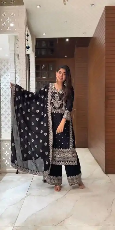 SRK 5156 Black Color Pure Chinnon Silk Embroidery Sequence Salwar Suit Wedding, Party, Festive, Events Expected Delivery 4-6 Working Days @ 2149/- | Jump Suits, Salwar suit, Casual Suits, Creative suits, Designer Suits, Palazzo Suits, Party Wear Suits, Patiala Suits, Straight Suits
