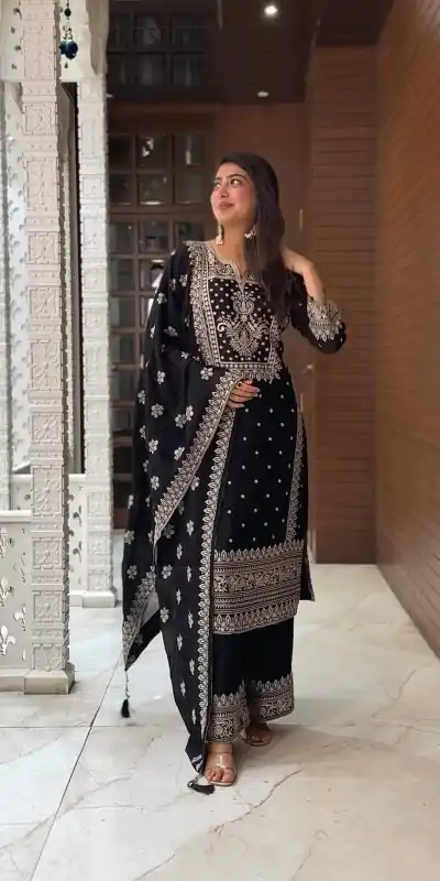 SRK 5156 Black Color Pure Chinnon Silk Embroidery Sequence Salwar Suit Wedding, Party, Festive, Events Expected Delivery 4-6 Working Days @ 2149/- | Jump Suits, Salwar suit, Casual Suits, Creative suits, Designer Suits, Palazzo Suits, Party Wear Suits, Patiala Suits, Straight Suits