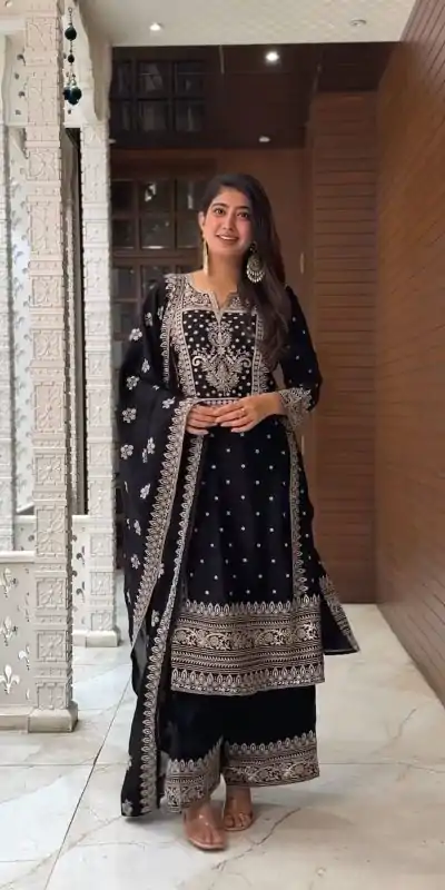 SRK 5156 Black Color Pure Chinnon Silk Embroidery Sequence Salwar Suit Wedding, Party, Festive, Events Expected Delivery 4-6 Working Days @ 2149/- | Jump Suits, Salwar suit, Casual Suits, Creative suits, Designer Suits, Palazzo Suits, Party Wear Suits, Patiala Suits, Straight Suits