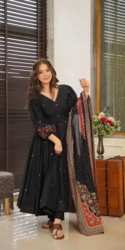 SRK 5171 Black Color Pure Chinnon Silk Embroidery Sequence Salwar Suit Wedding, Party, Festive, Events Expected Delivery 4-6 Working Days @ 1999/- | Jump Suits, Salwar suit, Casual Suits, Creative suits, Designer Suits, Palazzo Suits, Party Wear Suits, Patiala Suits, Straight Suits