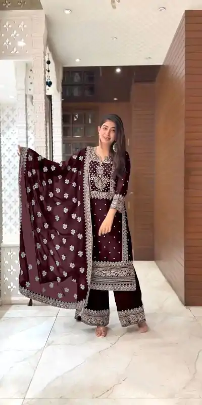 SRK 5156 Coffee Color Pure Chinnon Silk Embroidery Sequence Salwar Suit Wedding, Party, Festive, Events Expected Delivery 4-6 Working Days @ 2149/- | Jump Suits, Salwar suit, Casual Suits, Creative suits, Designer Suits, Palazzo Suits, Party Wear Suits, Patiala Suits, Straight Suits