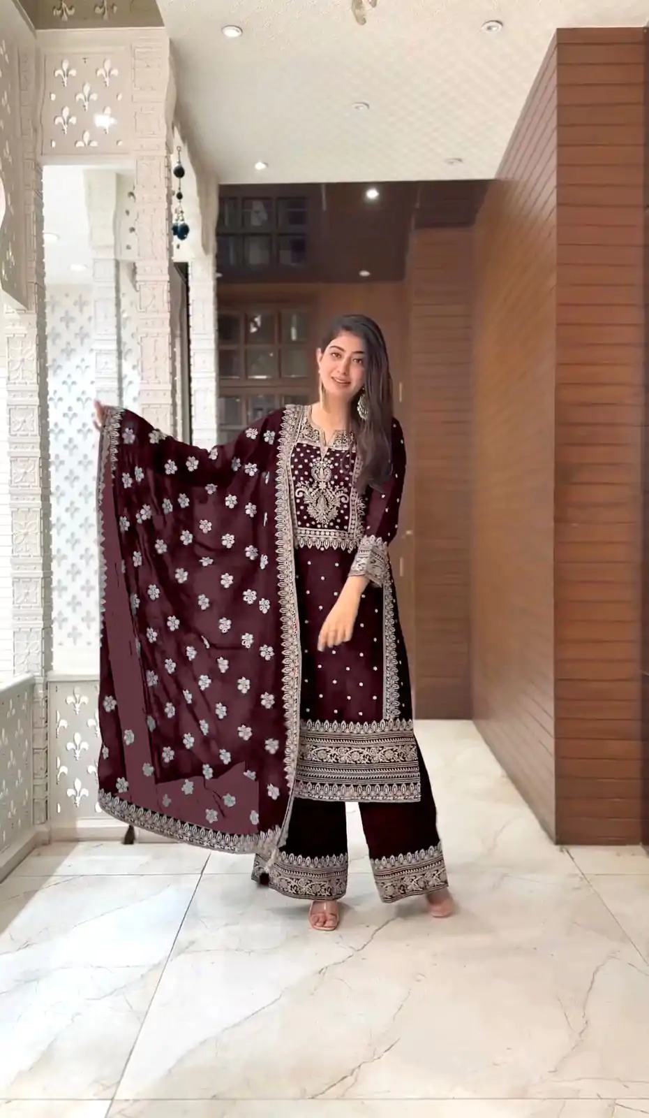 SRK 5156 Coffee Color Pure Chinnon Silk Embroidery Sequence Salwar Suit Wedding, Party, Festive, Events Expected Delivery 4-6 Working Days @ 2149/- | Jump Suits, Salwar suit, Casual Suits, Creative suits, Designer Suits, Palazzo Suits, Party Wear Suits, Patiala Suits, Straight Suits