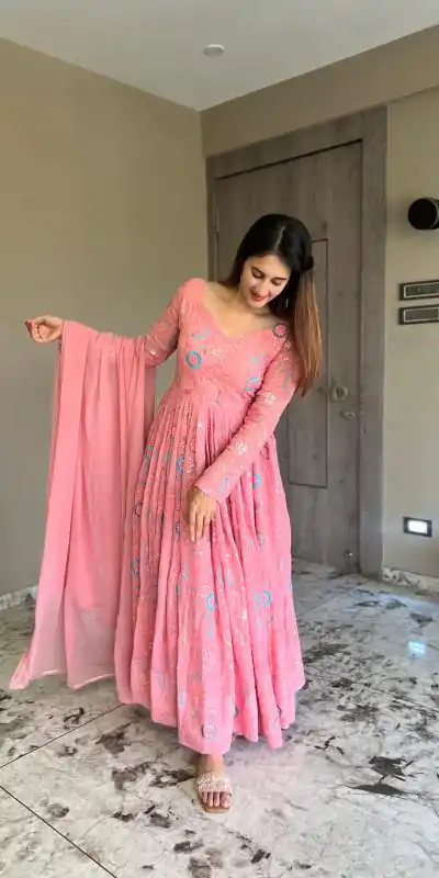 NF 1160 Pink Color Georgette Sequence Embroidery Anarkali Suit Casual, Wedding, Party, Festive, Events . Expected Delivery  4-6 Working Days @2499 | Anarkali Suits, Bollywood Anarkali, Creative-Anarkali, Designer Anarkali, Embroidered Anarkali, Party Wear Anarkali
