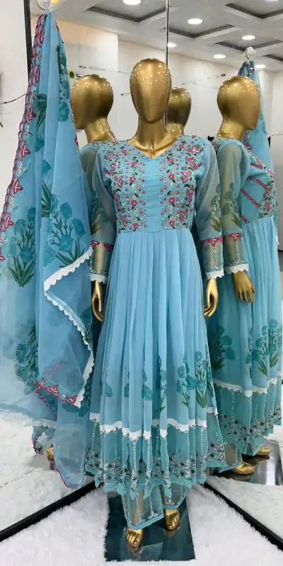 NSR 813 Blue Color Georgette Embroidery Sequence Gown Casual, Wedding, Festive Party Wear, Events   Expected Delivery  4-6 Working Days @2149/- | Gowns, Bollywood Gowns, Creative Gowns, Designer Gowns, Embroidered Gowns, Party Wear Gowns