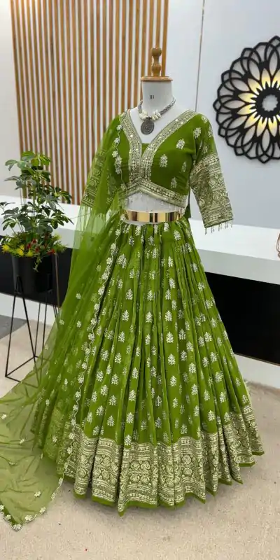 ZSR 3070 Green Color Georgette Embroidery Sequence Lehenga Choli Wedding, Party, Events Etc. Expected Delivery 4-6 Working Days 2149/- | Lehenga, Bollywood Lehenga, Creative Lehenga, Designer Lehenga, Embroidered Lehenga, Party Wear Lehenga